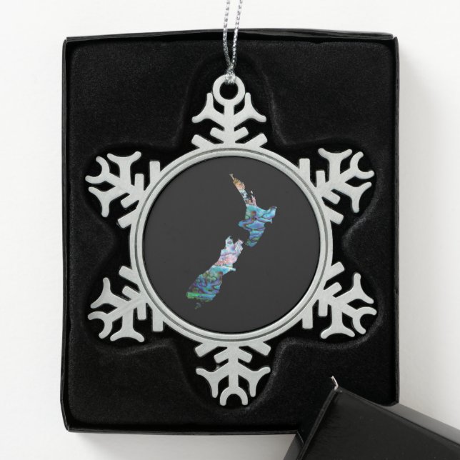 NEW ZEALAND MAP SIMPLE PAUA SNOWFLAKE PEWTER CHRISTMAS ORNAMENT (Box)