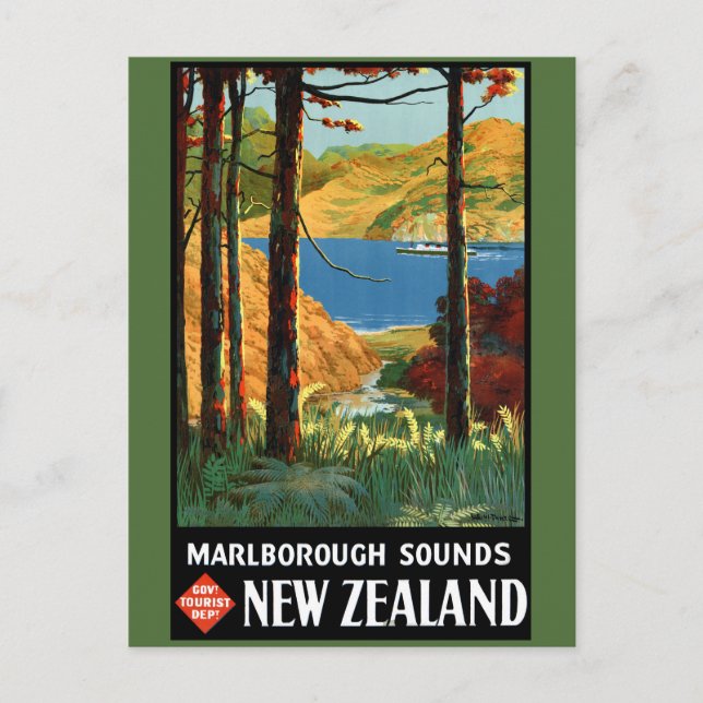 New Zealand Marlborough Sounds Vintage Poster Postcard (Front)