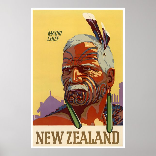 New Zealand Print Maori Chief Poster Travel Art (Front)