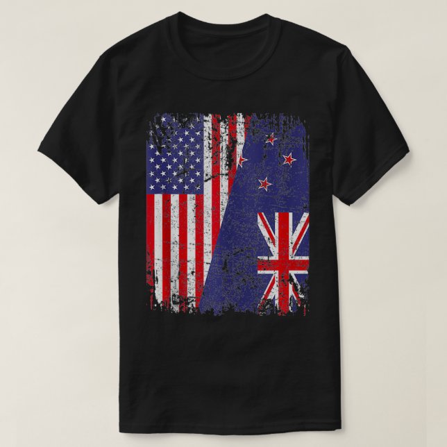NEW ZEALAND ROOTS  Half American Flag  KIWI FLAG  T-Shirt (Design Front)