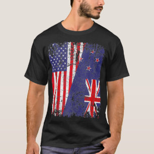 NEW ZEALAND ROOTS Half American Flag KIWI FLAG T-Shirt
