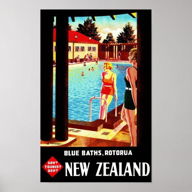 New Zealand Rotorua Vintage Poster Restored (Front)