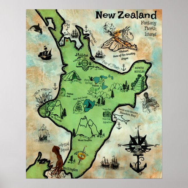 New Zealand Treasure Map Fantasy North Island Poster (Front)