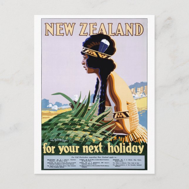 New Zealand Vintage Travel Poster Restored Postcard (Front)