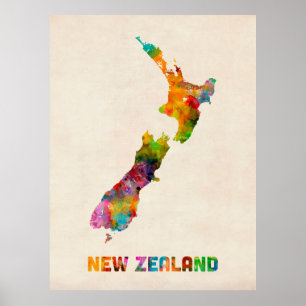 New Zealand, Watercolor Map Poster