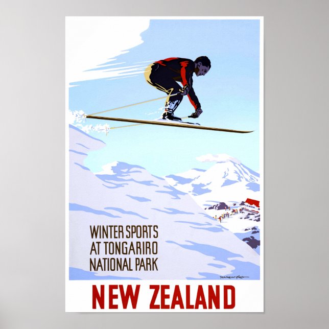 New Zealand Winter Sports Vintage Travel Poster (Front)