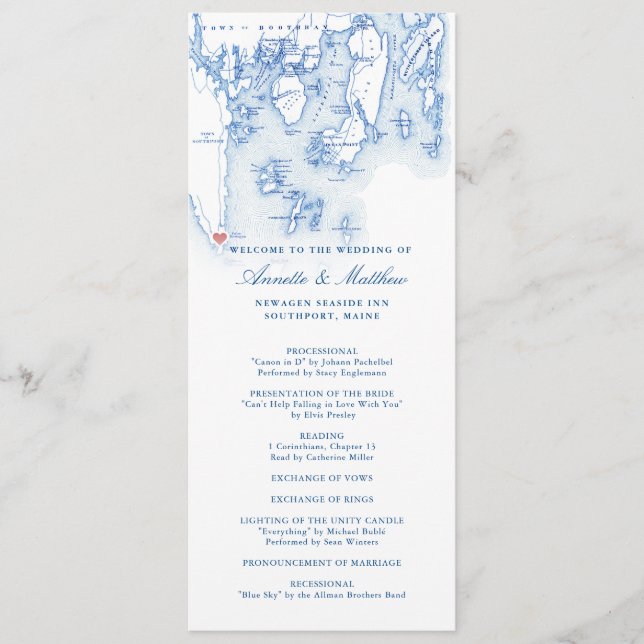 Newagen Seaside Inn Maine Elegant Blue Wedding Programme (Front)