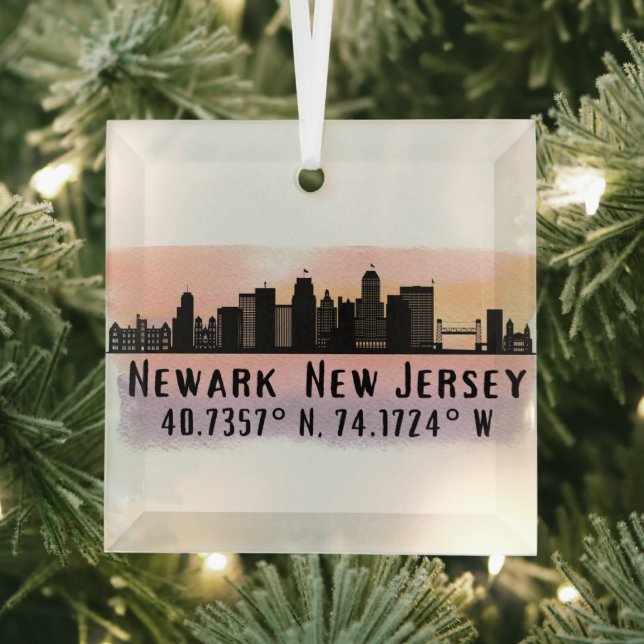Newark NJ City Skyline Latitude and Longitude  Glass Tree Decoration (Insitu)
