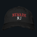 NEWARK NJ Red and White on Black Vintage Style Embroidered Hat<br><div class="desc">NEWARK NJ Red and White embroidery on Black distressed vintage style cotton hat. Embroidery is customisable to other colour choices by selecting the "Edit Design" tool button. Also available is the option to select choice of hat colour on the main item page.</div>