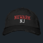 NEWARK NJ Red and White on Black Vintage Style Embroidered Hat<br><div class="desc">NEWARK NJ Red and White embroidery on Black distressed vintage style cotton hat. Embroidery is customisable to other colour choices by selecting the "Edit Design" tool button. Also available is the option to select choice of hat colour on the main item page.</div>