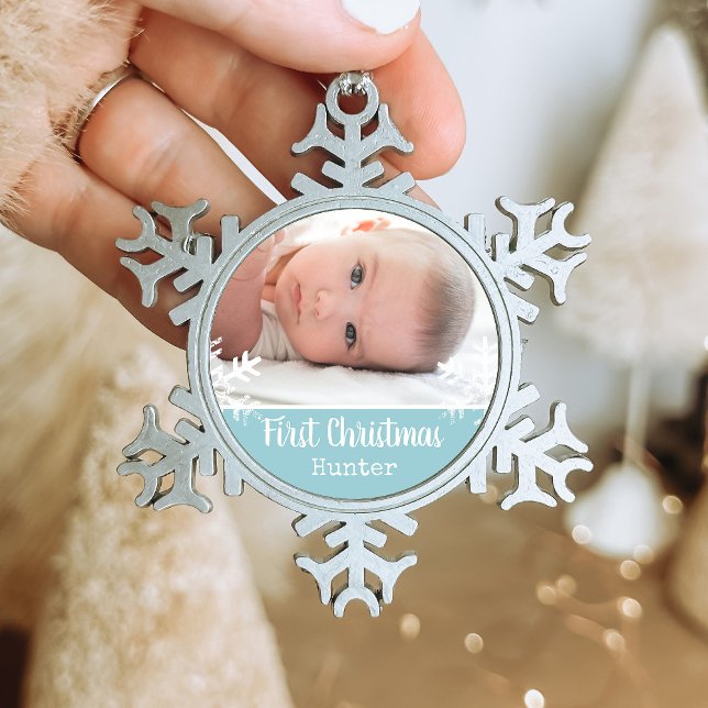 Newborn 1st Christmas Photo Blue Snowflakes Snowflake Pewter Christmas Ornament (Rustic snowflake family holiday keepsake photo ornament perfect for gifts to bring joy to others.)