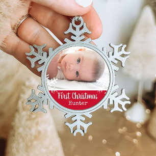 Newborn 1st Christmas Photo Red Snowflakes Snowflake Pewter Christmas Ornament