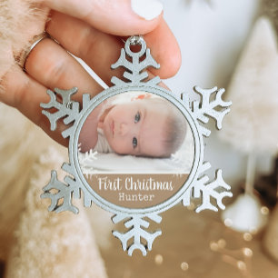 Newborn 1st Christmas Photo Tan Snow Snowflake Pewter Christmas Ornament