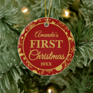 Newborn Baby 1st Christmas Red Gold Photo Ceramic Tree Decoration