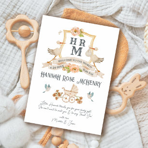 Newborn Baby Birth Announcement Monogram Stork
