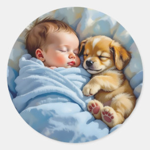 Newborn Baby Boy Napping with Puppy Classic Round Sticker