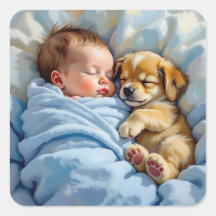 Newborn Baby Boy Napping with Puppy