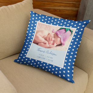 Newborn Baby Boy with Birth Stats and Photo Cushion