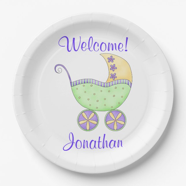 Newborn Baby Buggy Welcome Name Personalised Paper Plate (Front)