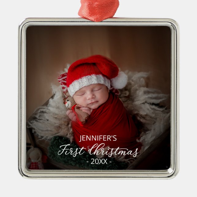 Newborn Baby First Christmas Add Your Photo Metal Tree Decoration (Front)