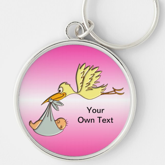 Newborn Baby Girl - A Flying Stork Delivery Key Ring (Front)