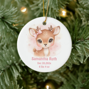 Newborn Baby Girl Birth Stats Deer Photo Ceramic Tree Decoration