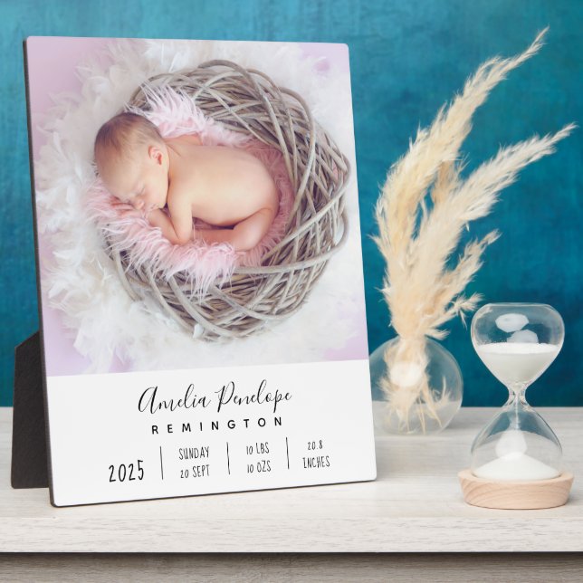 Newborn Baby Girl Birth Stats Photo Plaque (Side)