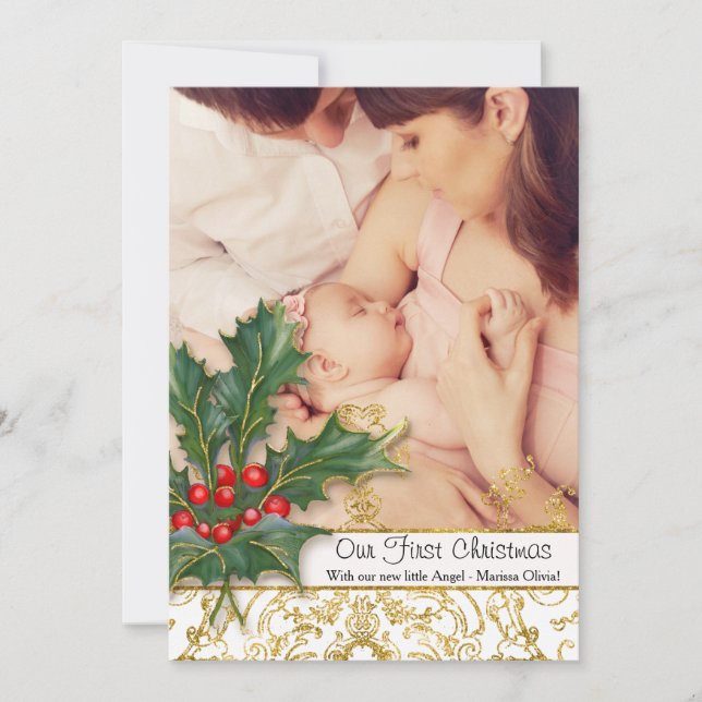 Newborn Baby Girl Christmas Gold Glitter Photo Holiday Card (Front)