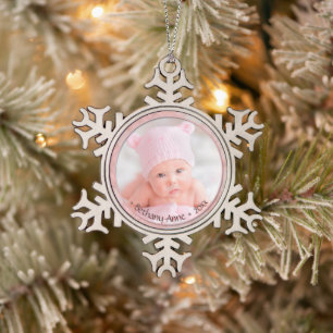 Newborn Baby Girl Commemorative Keepsake Dated Snowflake Pewter Christmas Ornament
