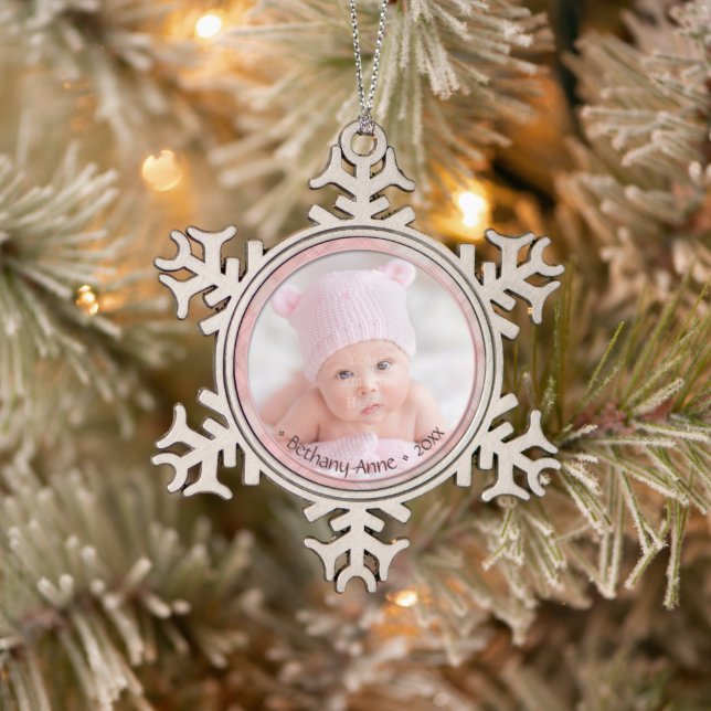 Newborn Baby Girl Commemorative Keepsake Dated Snowflake Pewter Christmas Ornament (Tree)
