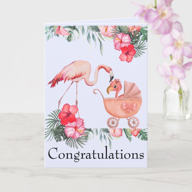 Newborn Baby Girl Congratulations Pink Flamingos Card (Orchid)