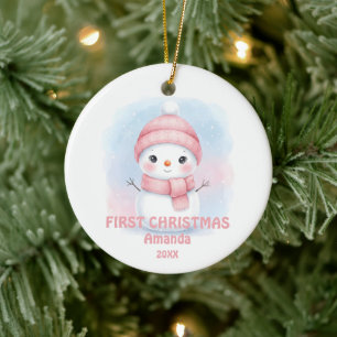 Newborn Baby Girl First Christmas Snowman Photo Ceramic Tree Decoration