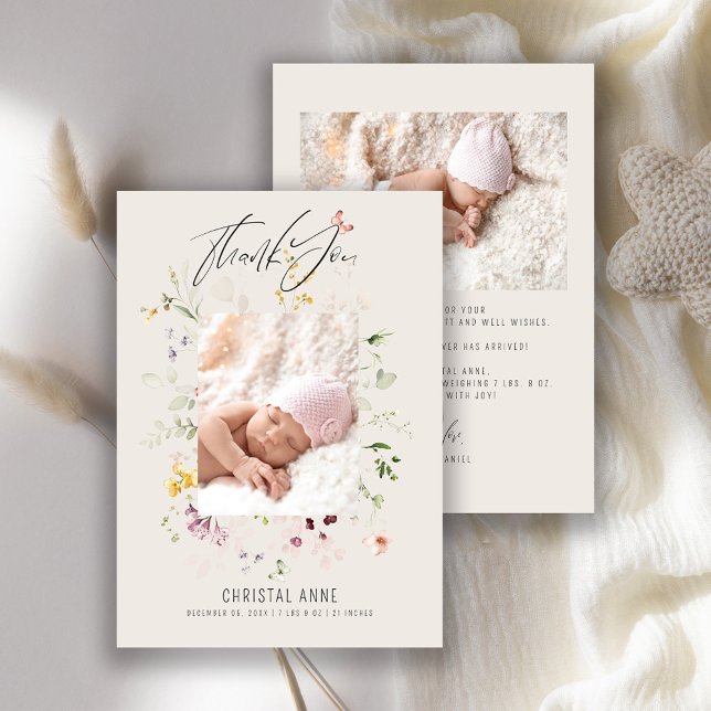 Newborn Baby Girl Ivory Thank You Photo Birth  Announcement (Creator Uploaded)