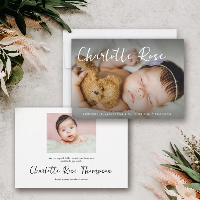 Newborn Baby girl Modern 2 photos Custom Stats  Announcement (Baby girl birth announcement custom name 2 photos card.)