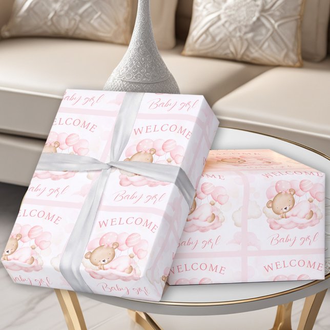 Newborn Baby Girl Name Pink Bear Wrapping Paper (Newborn Baby Girl Name Pink Bear Wrapping Paper)