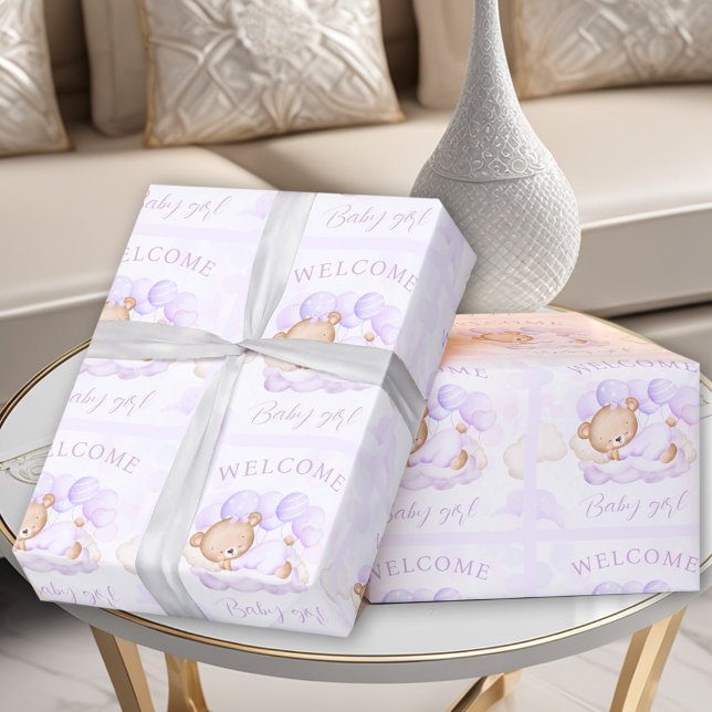 Newborn Baby Girl Name Purple Lavender Bear Wrapping Paper (Newborn Baby Girl Name Purple Lavender Bear Wrapping Paper)
