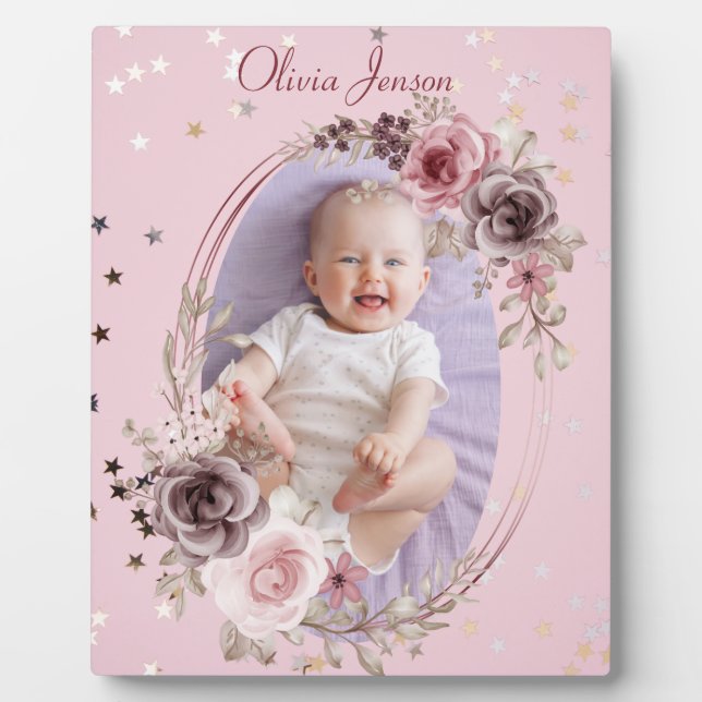 newborn Baby Girl Photo Cute Elegant Modern Pink  Plaque (Front)