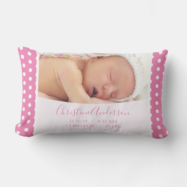 Newborn Baby Girl with Birth Stats and Photo Lumbar Cushion (Front)
