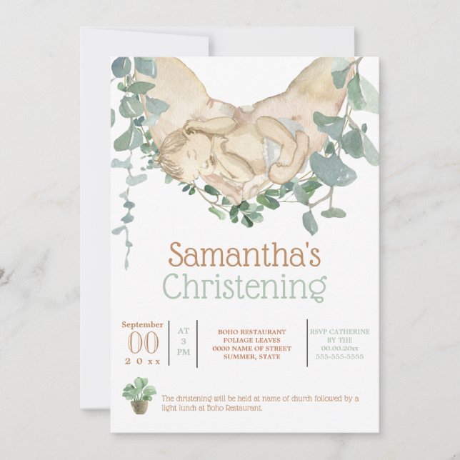 Newborn baby in hands boho eucalyptus greenery inv invitation (Front)