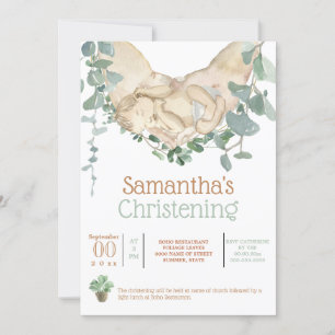 Newborn baby in hands boho eucalyptus greenery inv invitation