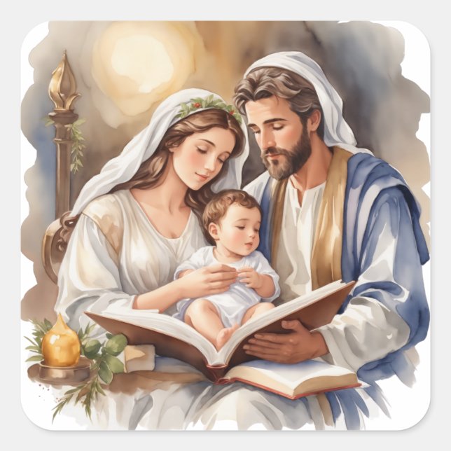 Newborn Baby Jesus with Mary and Joseph Square Sticker (Front)