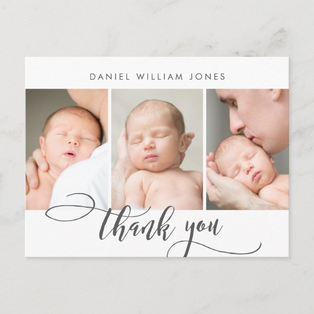 Newborn Baby Modern Script Photo Collage Thank You Postcard (Front)