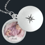 Newborn Baby Name and Photo Locket Necklace<br><div class="desc">A special photo locket for the new mum after the birth of her baby or as a keepsake gift for the newborn. The template is set up for you to add your own photo - if you have any problems with placement, try cropping your picture to a square before uploading....</div>
