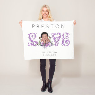Newborn Baby of Colour LOVE Purple Flowers Fleece Blanket