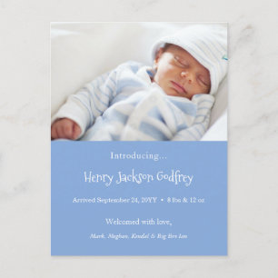Newborn Baby Photo Birth Announcement Blue Postcard