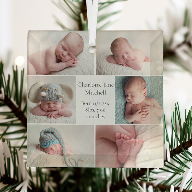 Newborn Baby Photo Collage Keepsake Christmas Glass Tree Decoration (Creator Uploaded)