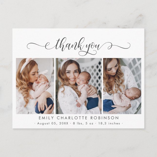 Newborn Baby Photo Collage Modern Script Thank You Postcard (Front)