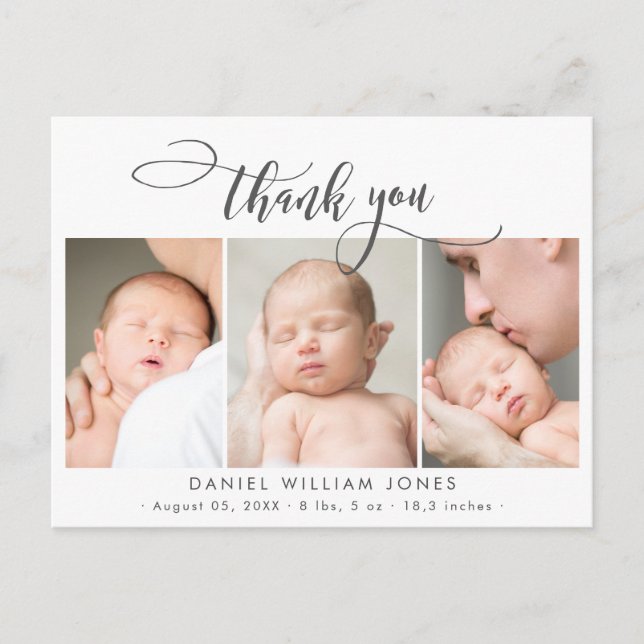 Newborn Baby Photo Modern Script Collage Thank You Postcard (Front)