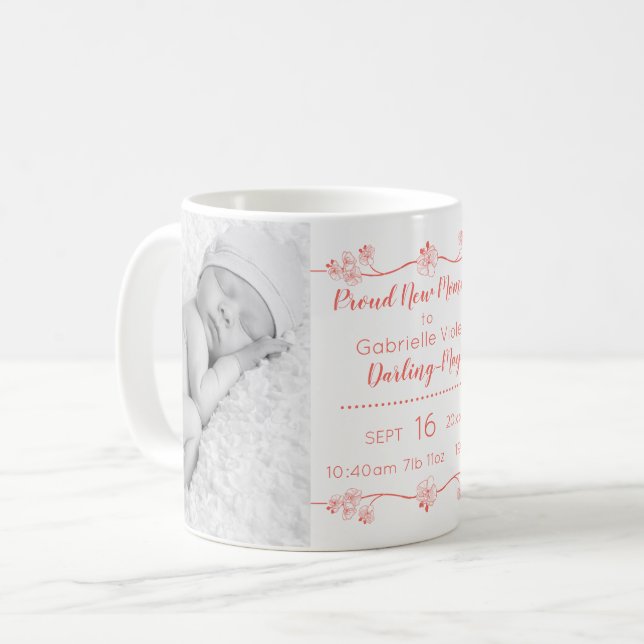 Newborn Baby Photos & Birth Stats - Coral & White Coffee Mug (Front Left)