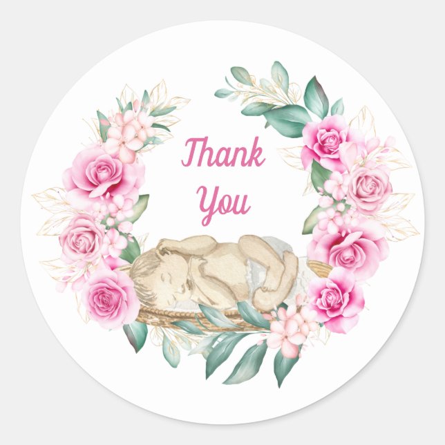 Newborn baby pink rose wreath thank you  classic round sticker (Front)